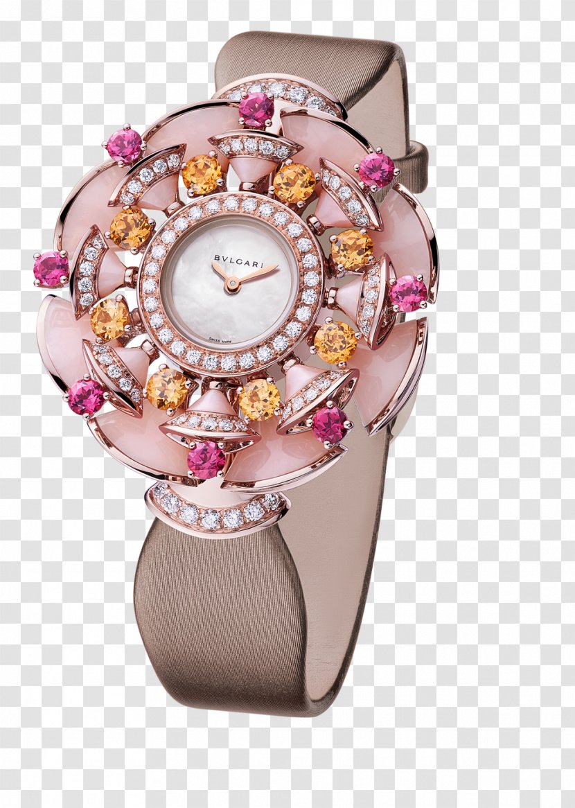 Earring Bulgari Jewellery Bracelet - Watch Strap - Pink Diamond Flower Wrist Watches Female Form Transparent PNG