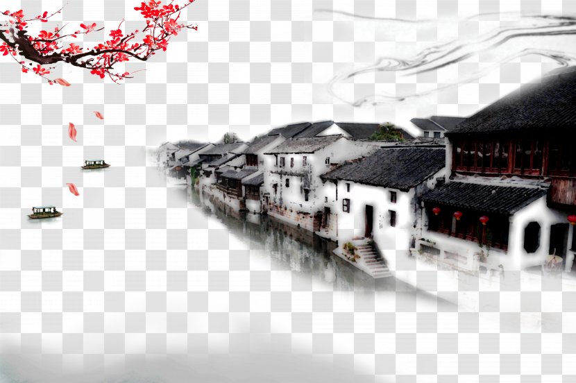 Jiangnan Ink Wash Painting Shan Shui Chinese - Stock Photography - Hand Painted Town Transparent PNG