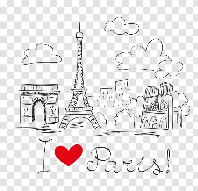 Eiffel Tower Architecture Drawing - Heart - Paris's Famous Hand-painted Building Vector Material Photos Download Transparent PNG
