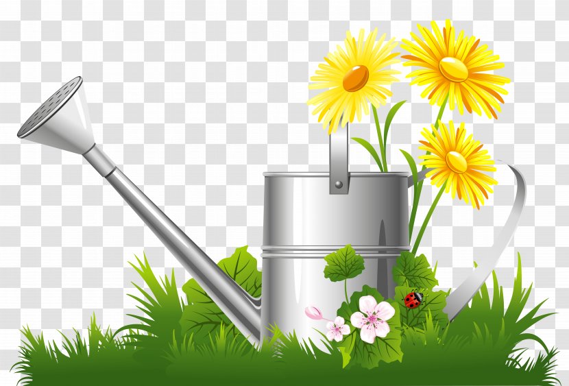 Flower Garden Clip Art - Spring Decoration With Water Can Grass And Flowers Clipart Transparent PNG