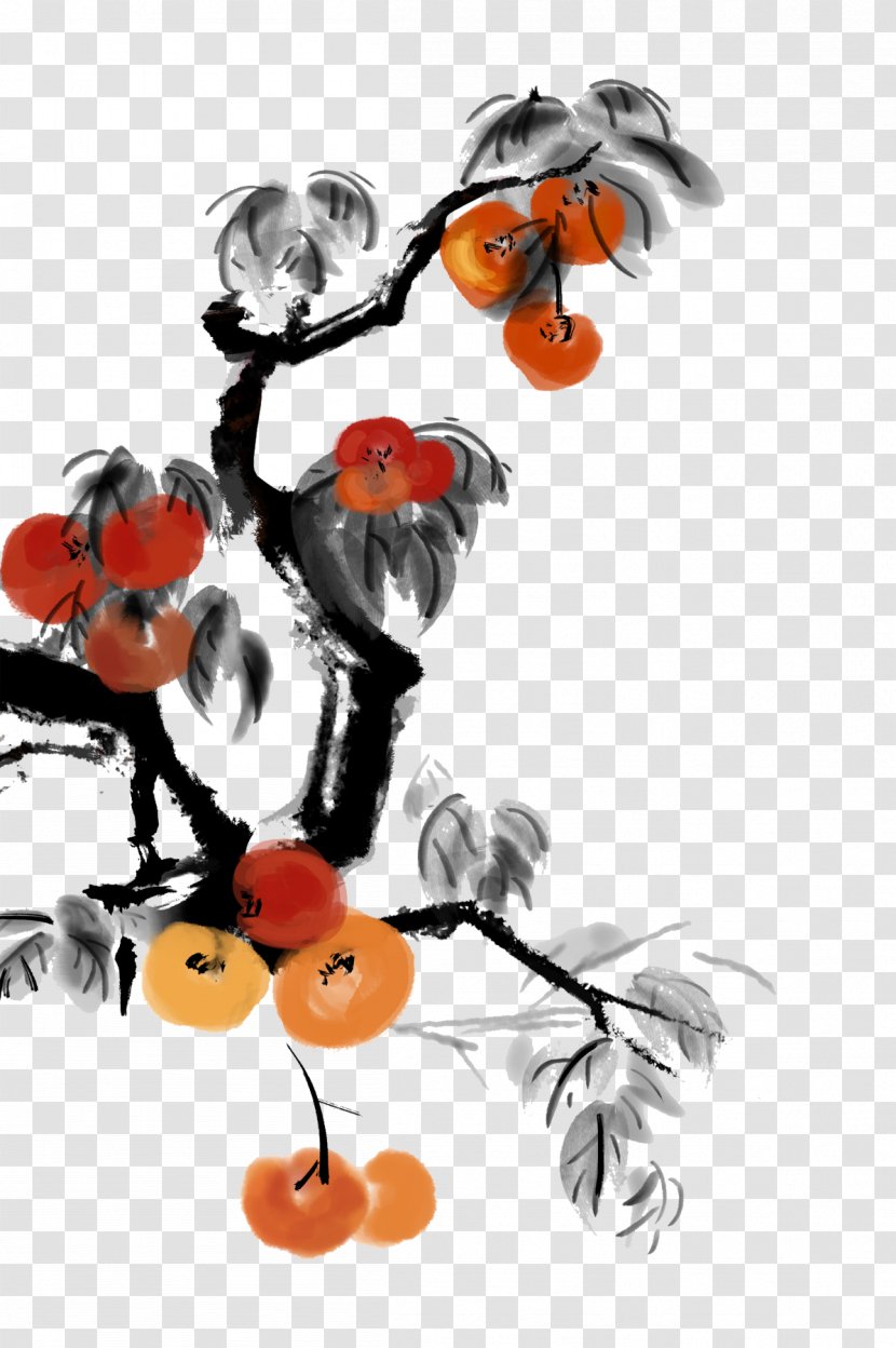 Chinese Painting Ink Wash Illustration - Birdandflower - Persimmon Transparent PNG