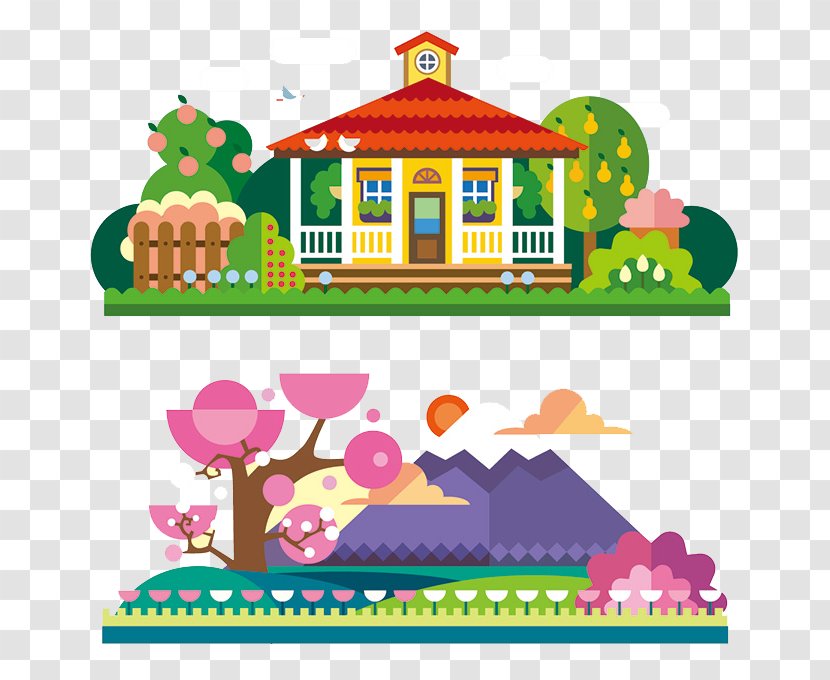 Spring Apartment Landscape Illustration - House - Cartoon Cottages With Cherry Trees Beautiful Transparent PNG
