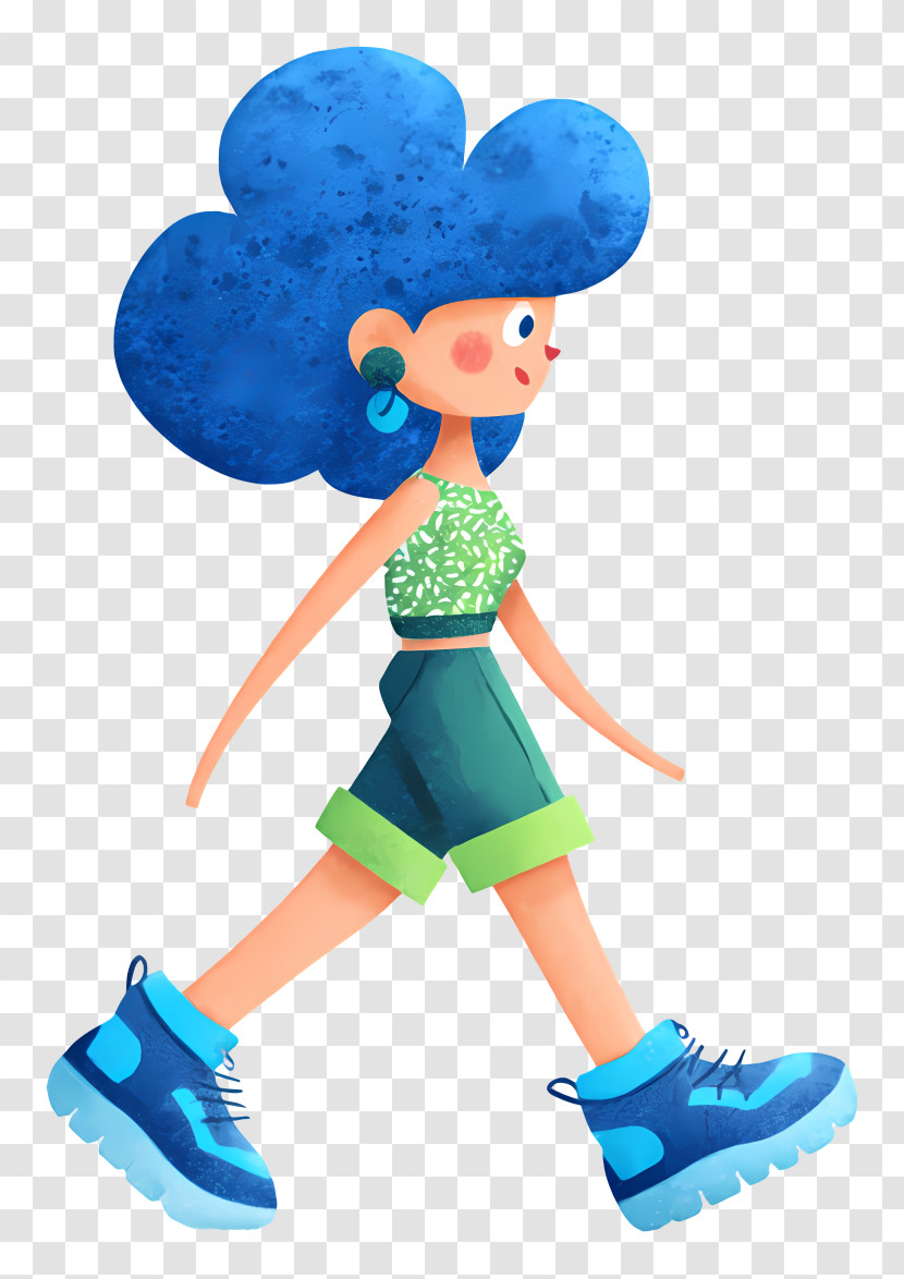 Cartoon Girl Walking - Stylish Blue-haired Woman Walking Transparent PNG