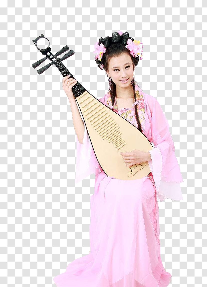 Pipa Musical Instrument Konghou - Flower - A Woman In Classic Pink Dress Sits On The Lute Transparent PNG