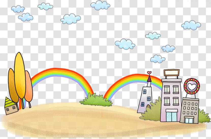 Cartoon Child Drawing - Royaltyfree - Rainbow With High-rise Building Transparent PNG