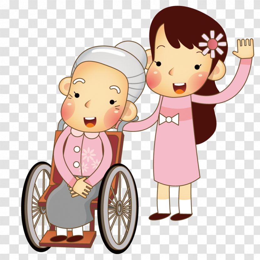 Cartoon Illustration - Pink - Care Of Her Grandmother In A Wheelchair Transparent PNG
