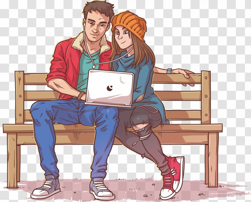 Wedding Invitation Millennials Illustration - Watercolor - A Couple Sitting On Park Bench Transparent PNG