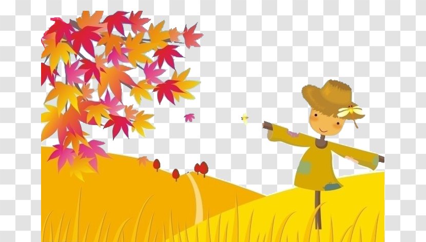 Autumn Cartoon Illustration - Text - Scarecrow Wheat Field Transparent PNG