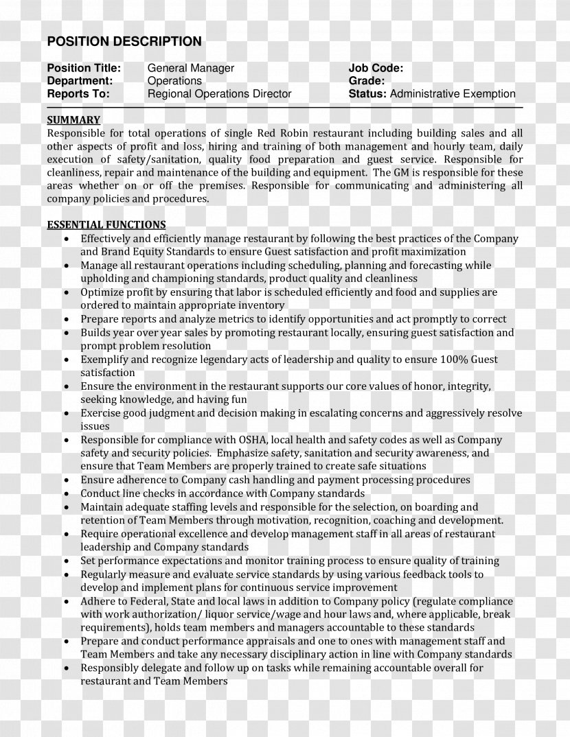 Résumé Job Description Curriculum Vitae Supervisor Restaurant Management - Text Transparent PNG