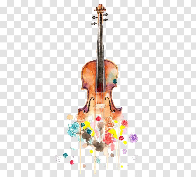Violin Watercolor Painting Drawing Musical Instrument - Flower - Hand-painted Transparent PNG