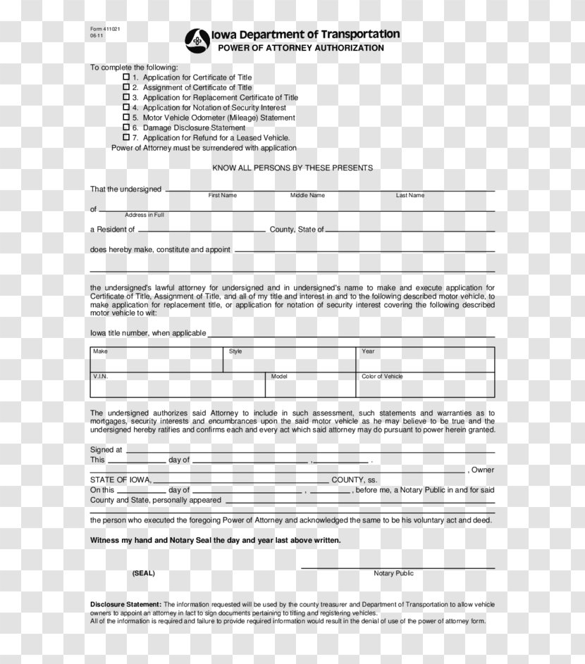 Iowa Power Of Attorney Title Document Form - Court Transparent PNG