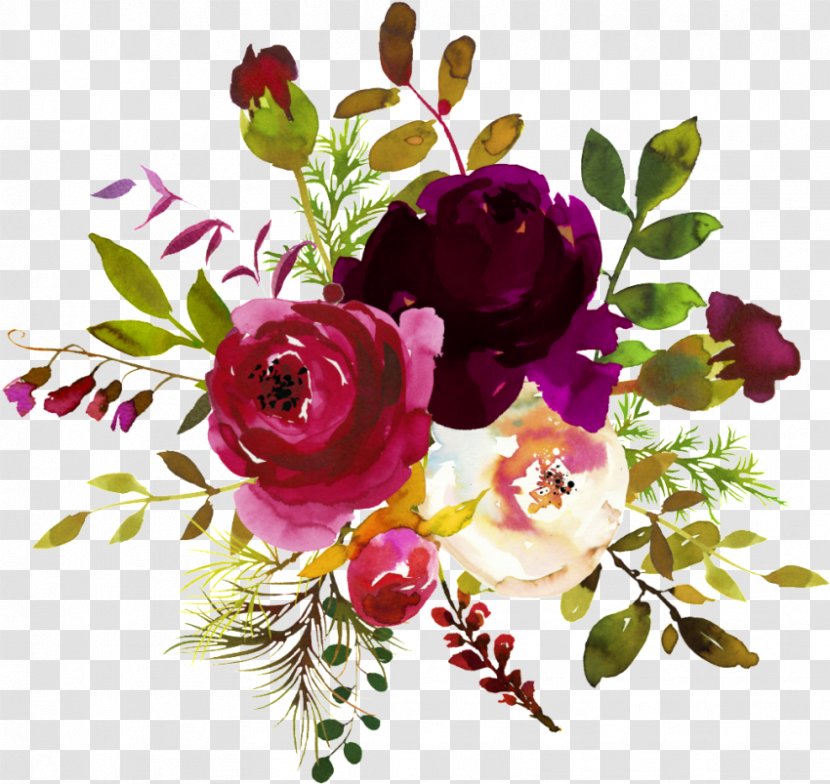 Floral Design Burgundy Watercolor Painting Flower Bouquet - Wedding Transparent PNG