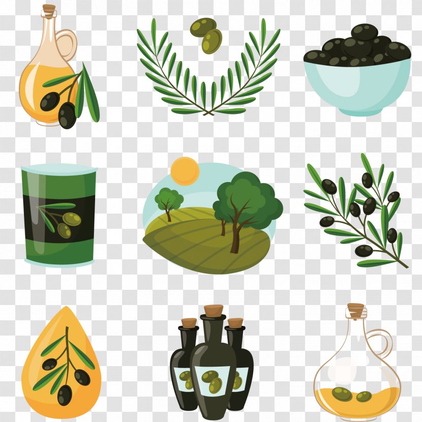 Olive Oil Branch - Bottle - Cartoon Production Transparent PNG