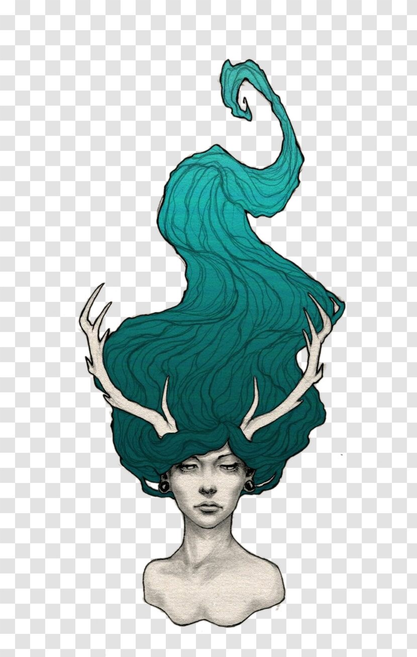 Drawing Painting Art Illustration - Cartoon - There Antlers Blue Hair Woman Transparent PNG