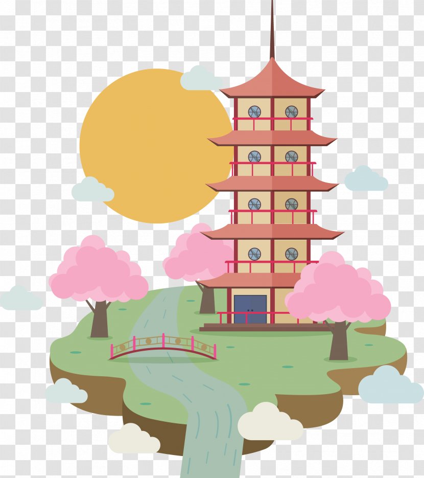 Japan Temple Illustration - Cherry Blossom - Japanese Blossoms Spring Transparent PNG