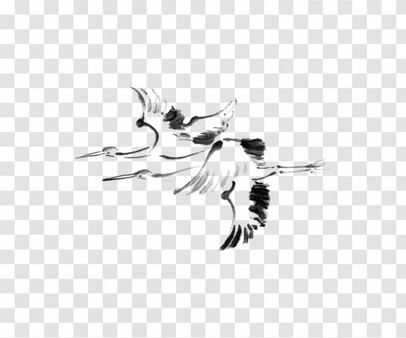 Japanese Painting Ink Wash Drawing - Monochrome - Crane Transparent PNG