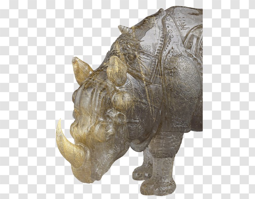 Rhinoceros Rutilated Quartz Stone Carving Sculpture - Wildlife - Bronze Tripod Transparent PNG