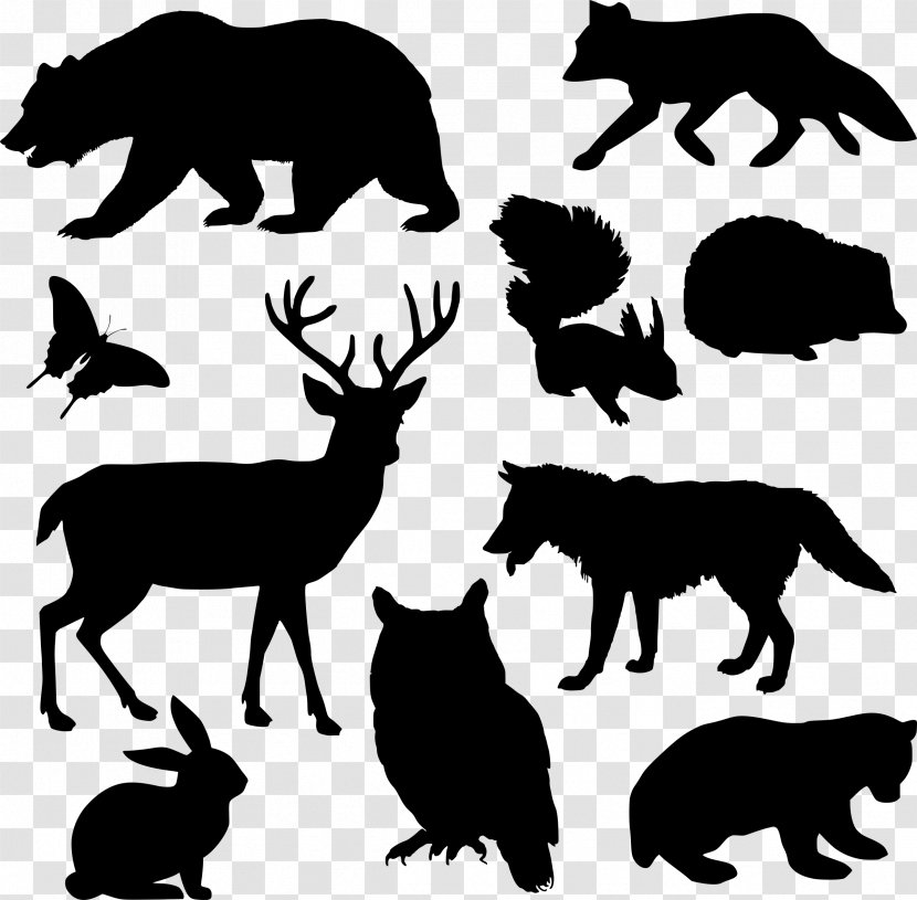 Silhouette Deer Squirrel Woodland Clip Art - Black And White - Animal Silhouettes Transparent PNG