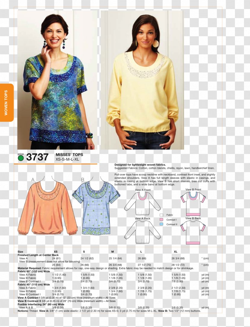 Blouse T-shirt S,M,L,XL Sewing Pattern - Yellow Transparent PNG
