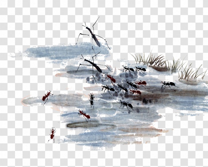 Ink Wash Painting Chinese Watercolor Chinoiserie Wallpaper - Birdandflower - Ants In The Pond Transparent PNG