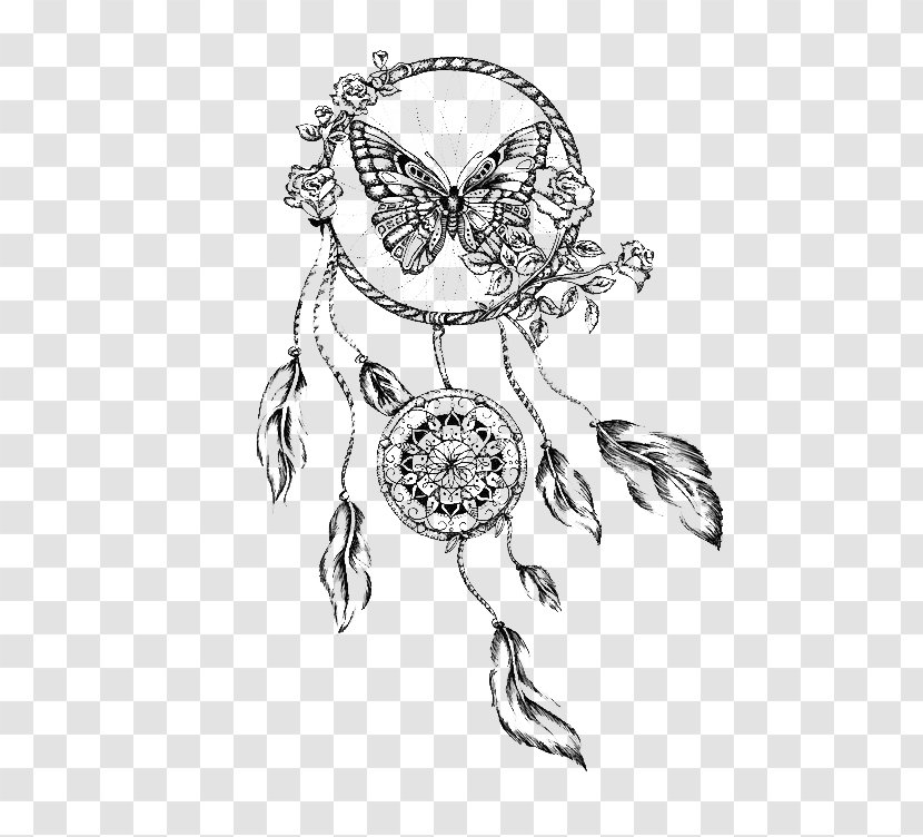 Dreamcatcher Drawing Butterfly Tattoo - Black And White Transparent PNG