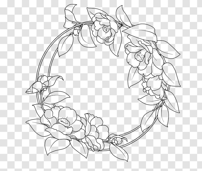 Flower Clip Art - Black And White - Camellia Round Border Vector Artwork Transparent PNG