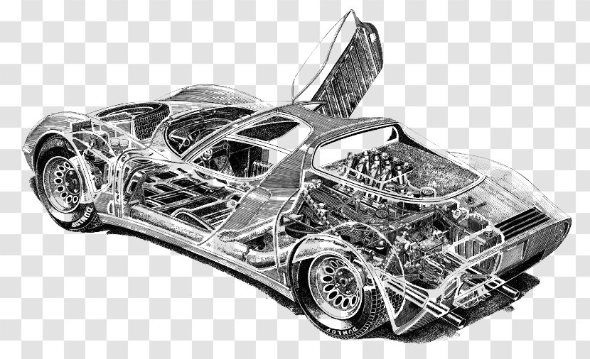 Alfa Romeo 33 Stradale Car Tipo 147 - 4c - Black And White Sketch Mechanical Sports Transparent PNG