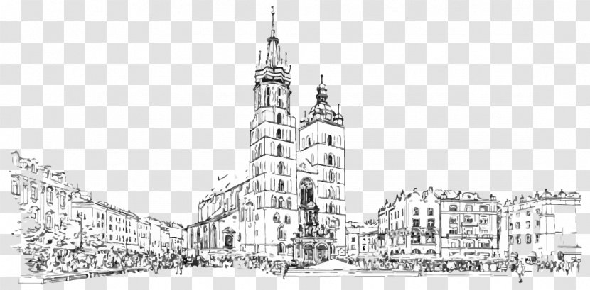 Main Square, Kraków Black And White Sketch - Spire - City Transparent PNG