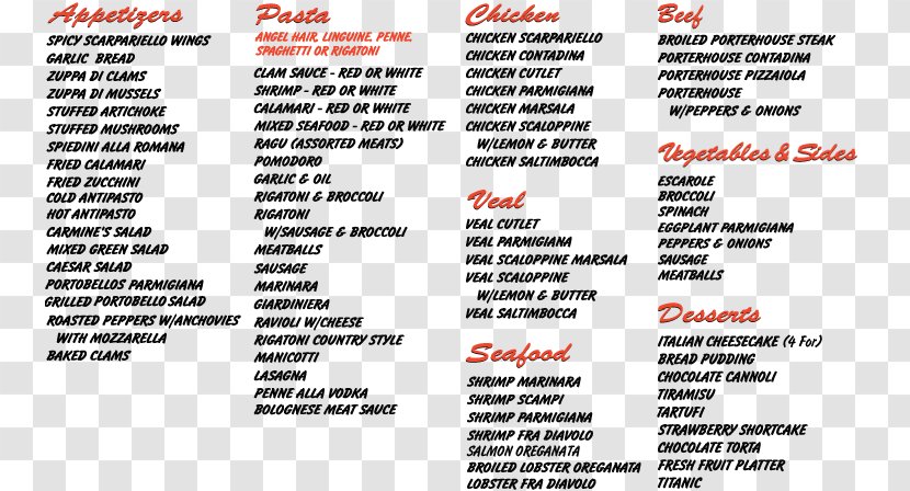 Italian Cuisine Carmine's Restaurant - Eating - Upper West Side RestaurantTimes Square MenuA Menu With Prices Transparent PNG