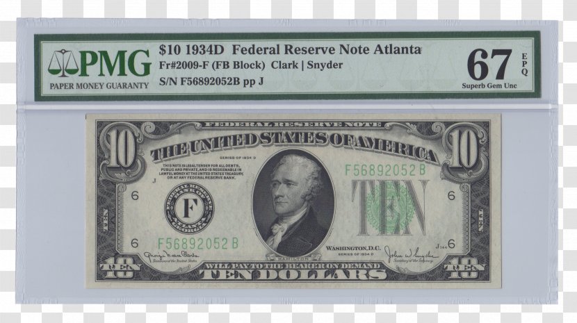 United States Ten-dollar Bill Series Of 1928 Federal Reserve Note Dollar - Money - Banknote Transparent PNG