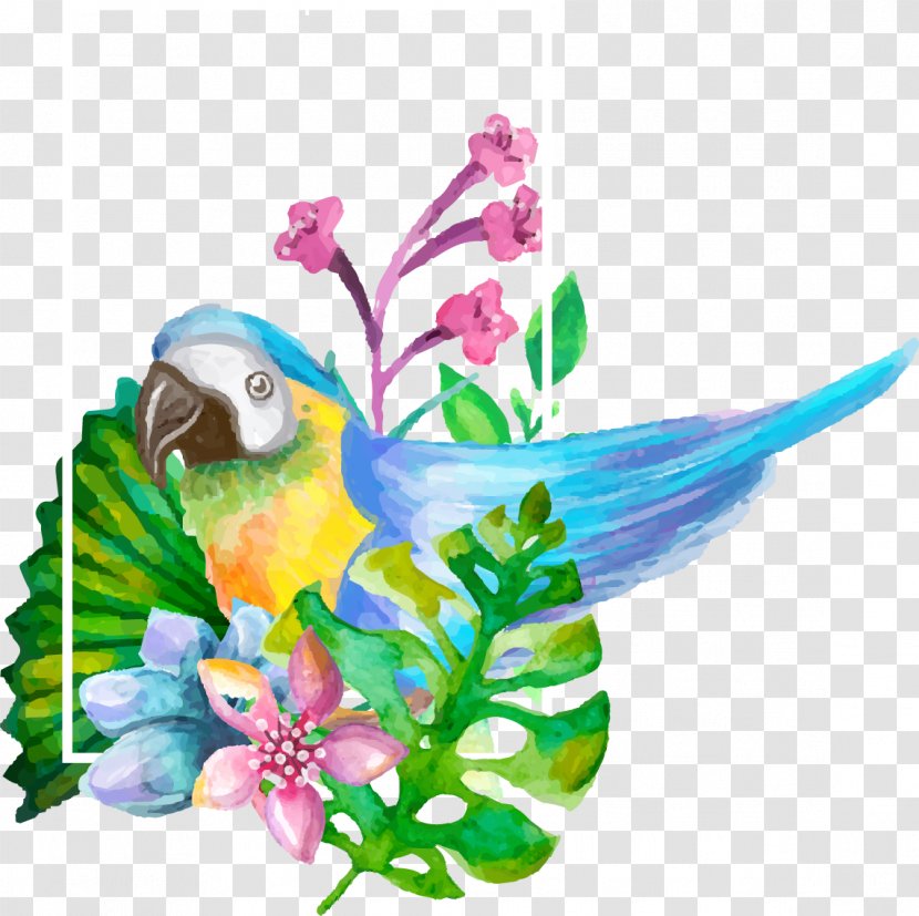 Parrot Drawing Watercolor Painting - Flora - Realistic Aesthetic Decorative Flowers And Transparent PNG