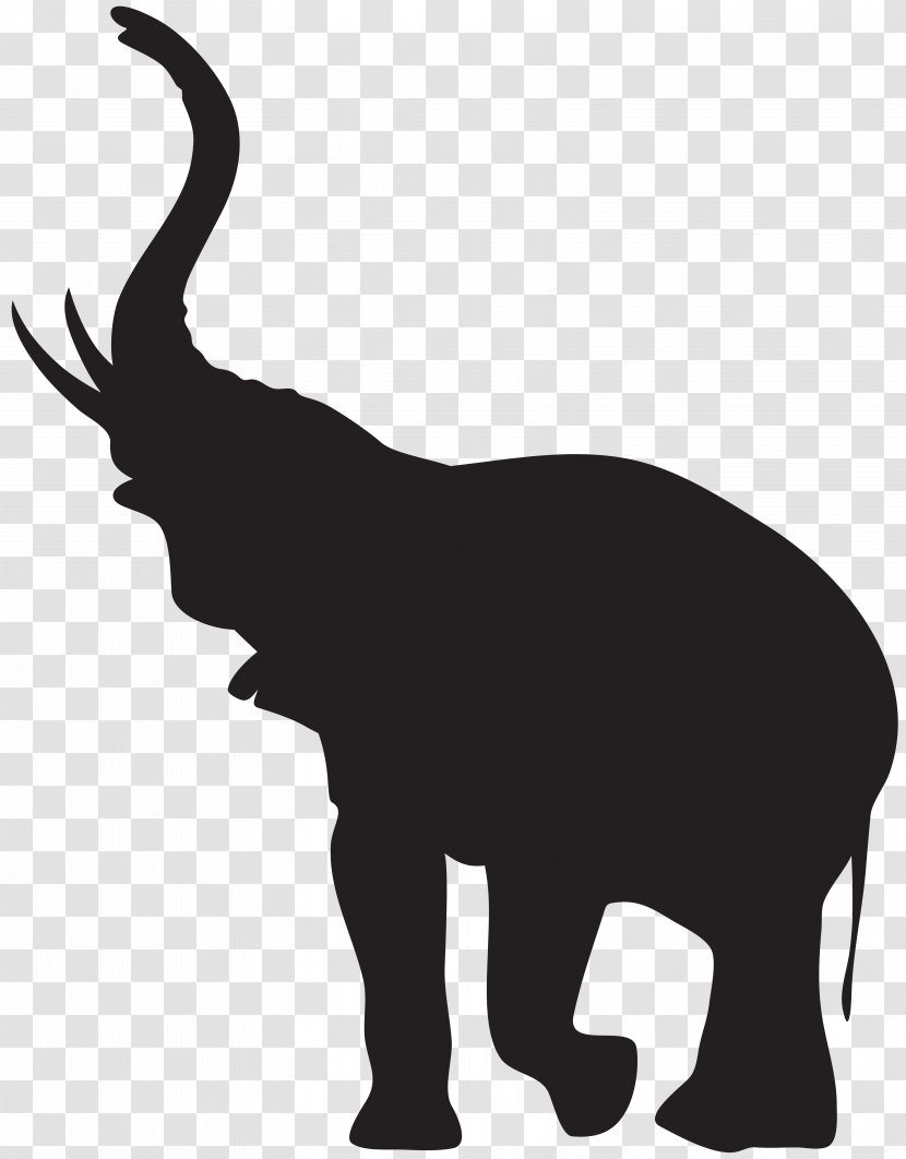 African Elephant Indian Clip Art - Black And White - With Trunk Raised Silhouette Transparent PNG