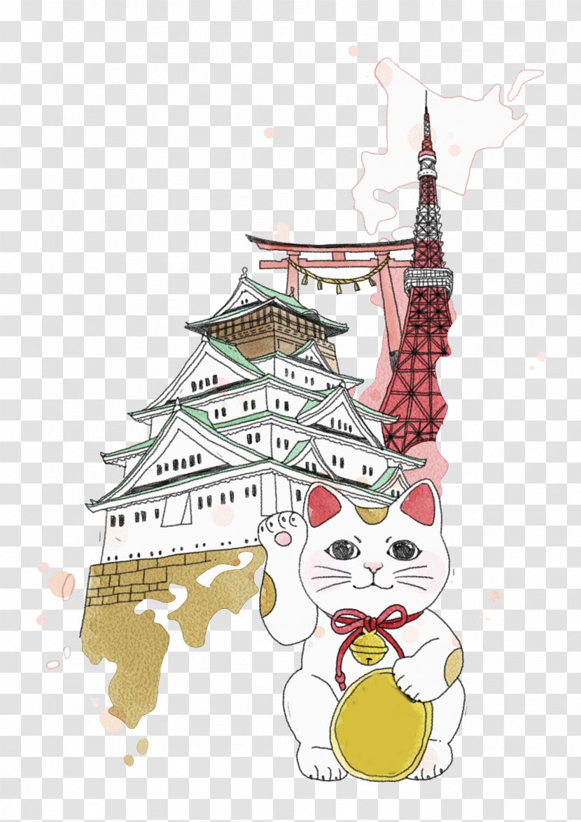 Landmark Cartoon Building Watercolor Painting - Hand Painted Lucky Cat Attractions Transparent PNG