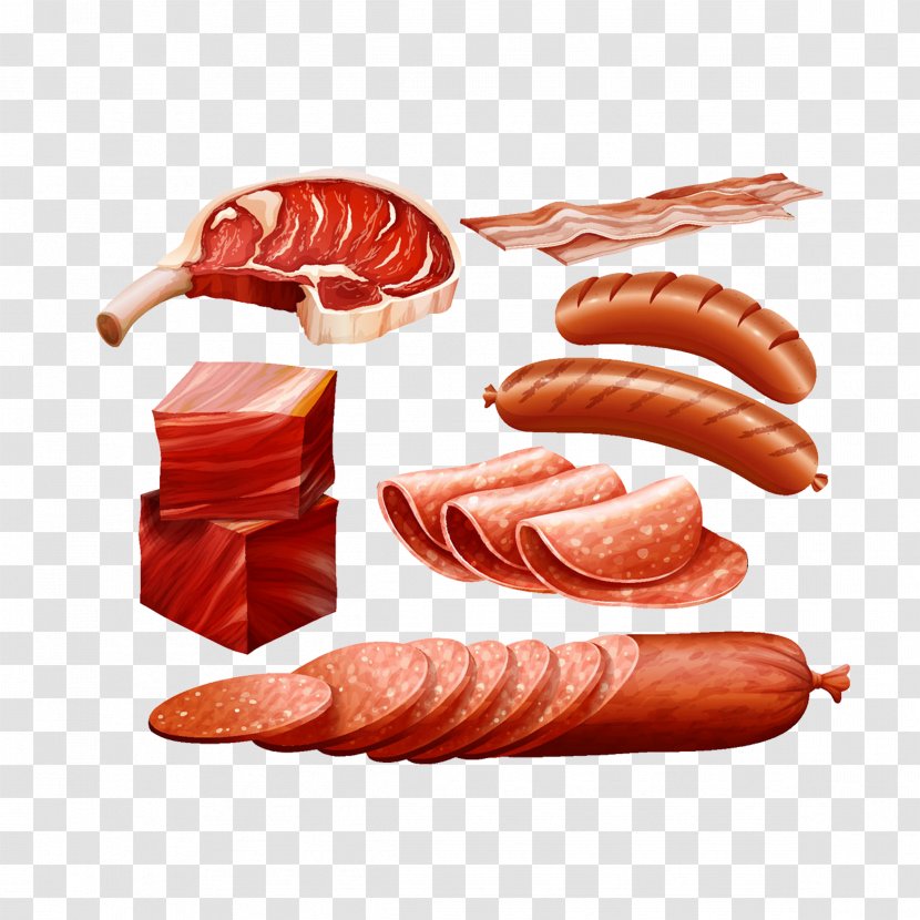 Bacon Ham Salami Meat - Cartoon - Sliced ​​ham And Pork Transparent PNG