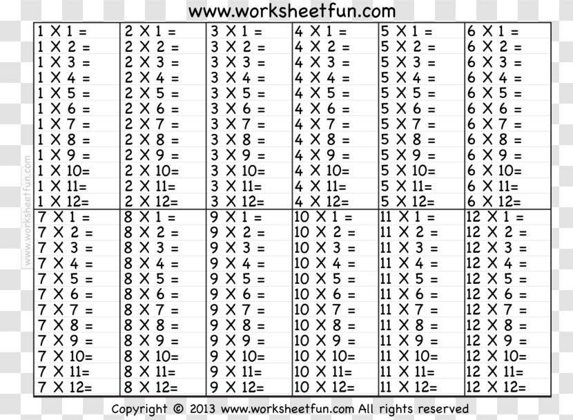 Multiplication Table Worksheet Mathematics - Line Art Transparent PNG