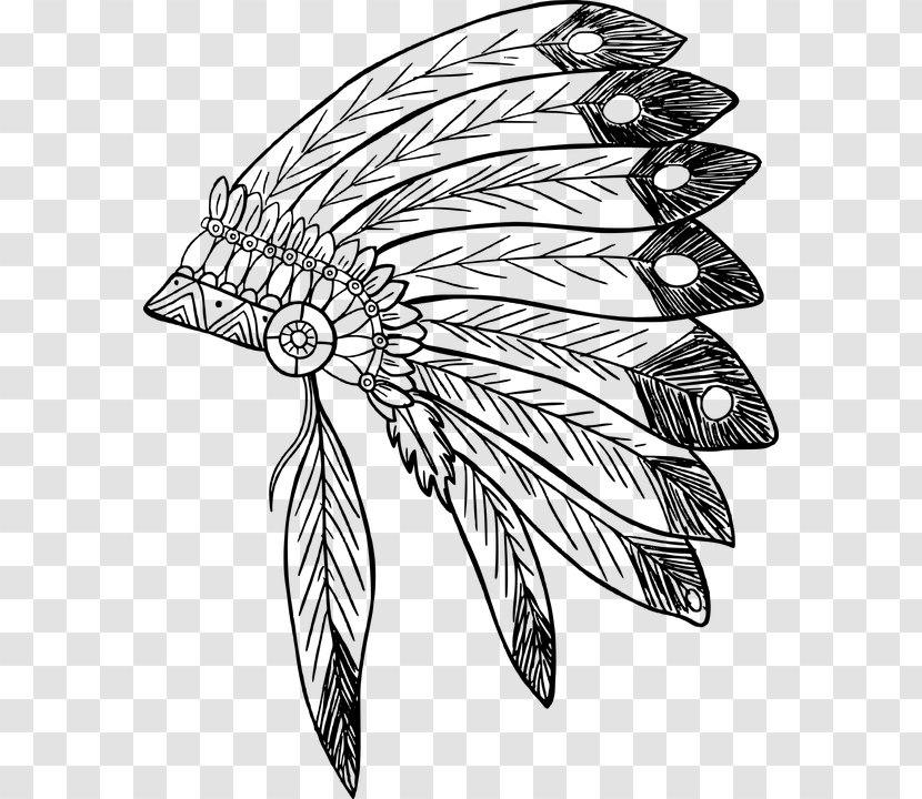 War Bonnet Clip Art American Indian Wars Indigenous Peoples Of The Americas - Blackandwhite - Feather Drawing Coloring Transparent PNG