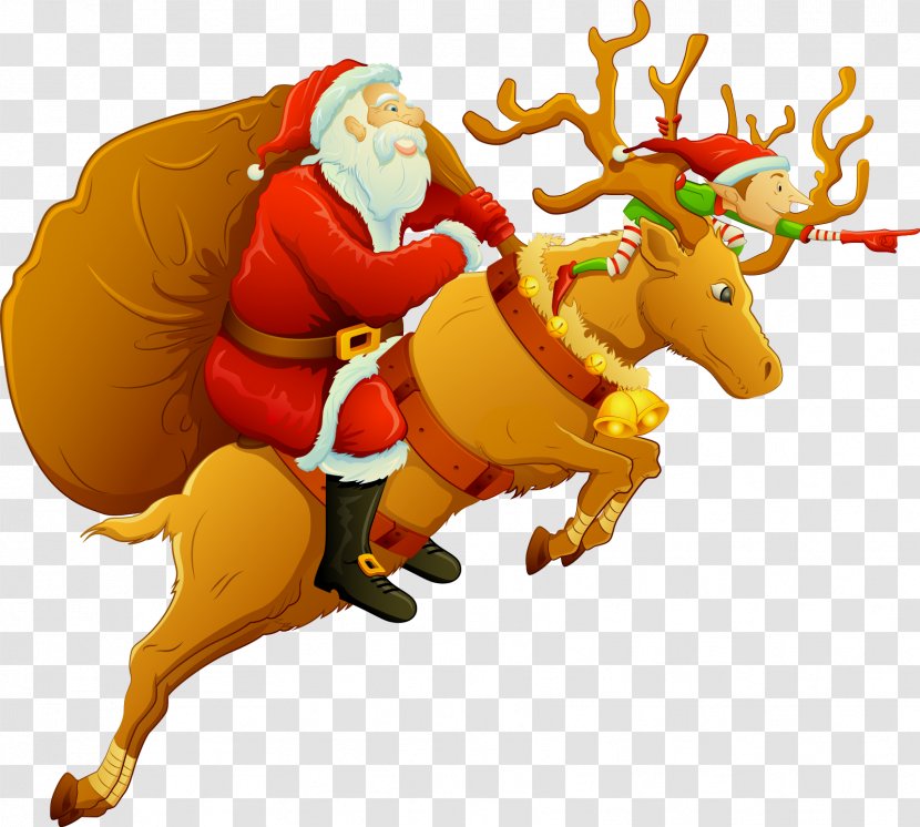 Santa Claus On Christmas Deer - Clip Art - Reindeer Transparent PNG