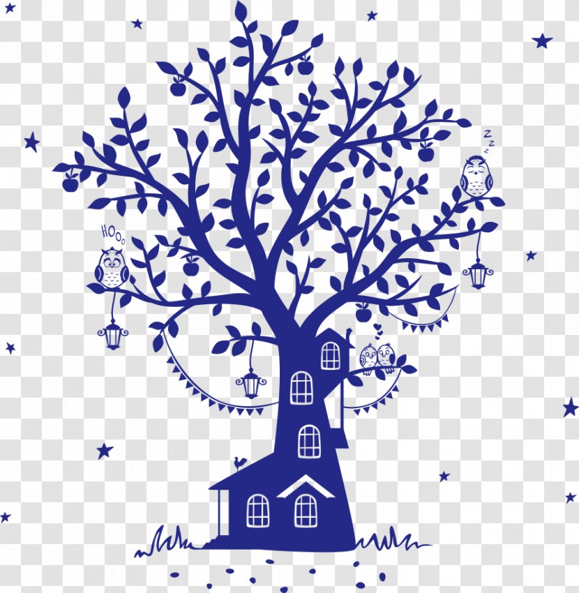 Fairy Tale Wall Decal Silhouette Tree House - Vector Blue Owl Transparent PNG