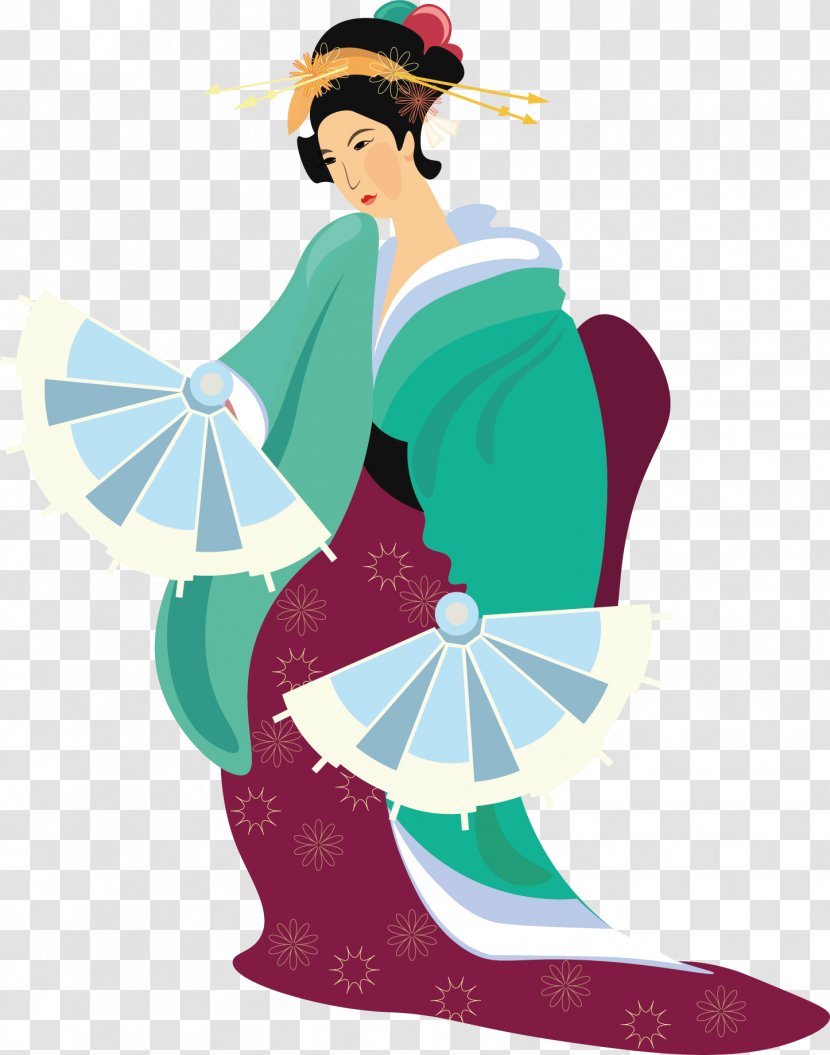 Japan Geisha Kimono Woman - Tree - A Beautiful With Fan Transparent PNG