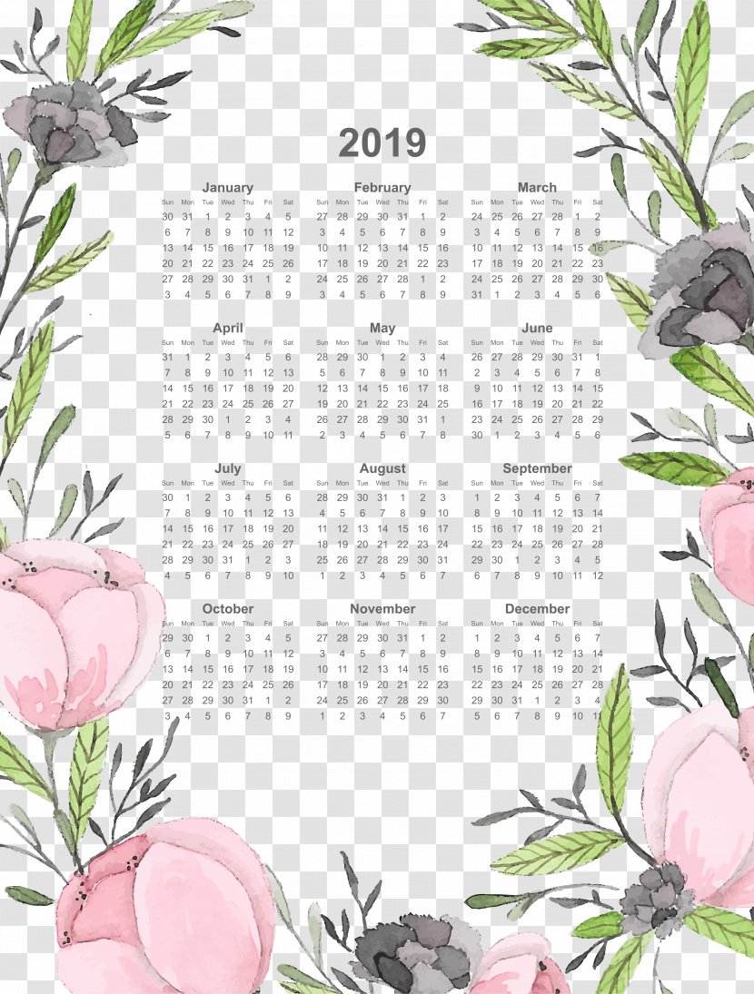 2019 Calendar Full Page With Watercolor Flowers.pn - Drawing Transparent PNG