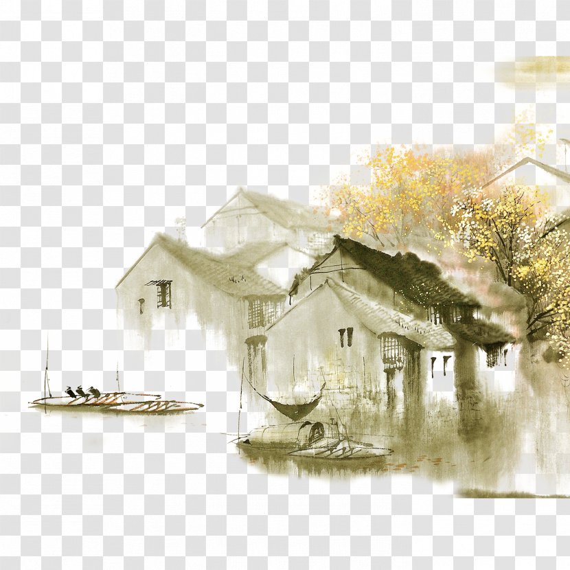 Dwelling In The Fuchun Mountains Jiangnan Ink Wash Painting Shan Shui Chinese - Architecture - Water Transparent PNG