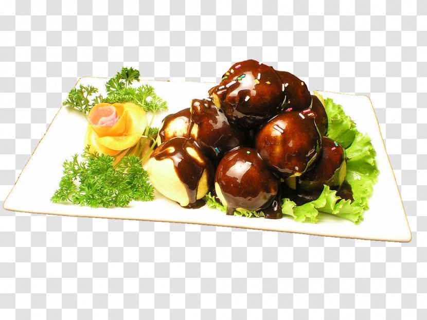 Chinese Cuisine Takoyaki Vegetarian Sichuan - Meatball - Chocolate Sauce Round Transparent PNG