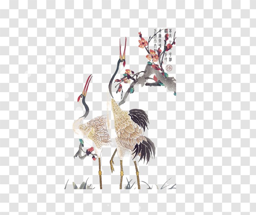 Red-crowned Crane Blossom Ink Wash Painting - Peach Transparent PNG