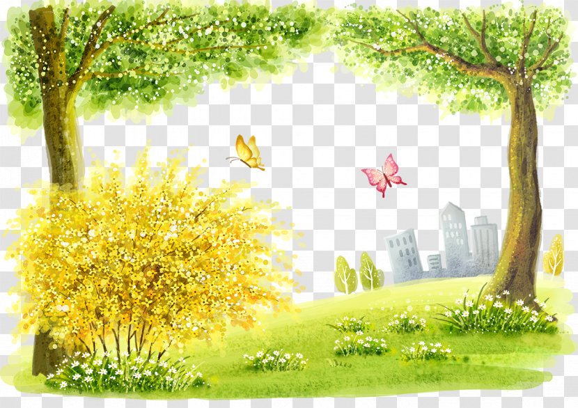 Cartoon Watercolor Painting Landscape Illustration - Flower - Golden Trees And Butterflies Transparent PNG
