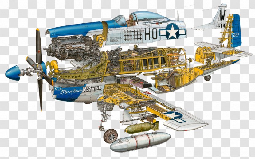 Airplane Aircraft North American P-51 Mustang Cutaway Drawing Exploded-view - Blueprint - Chase Transparent PNG