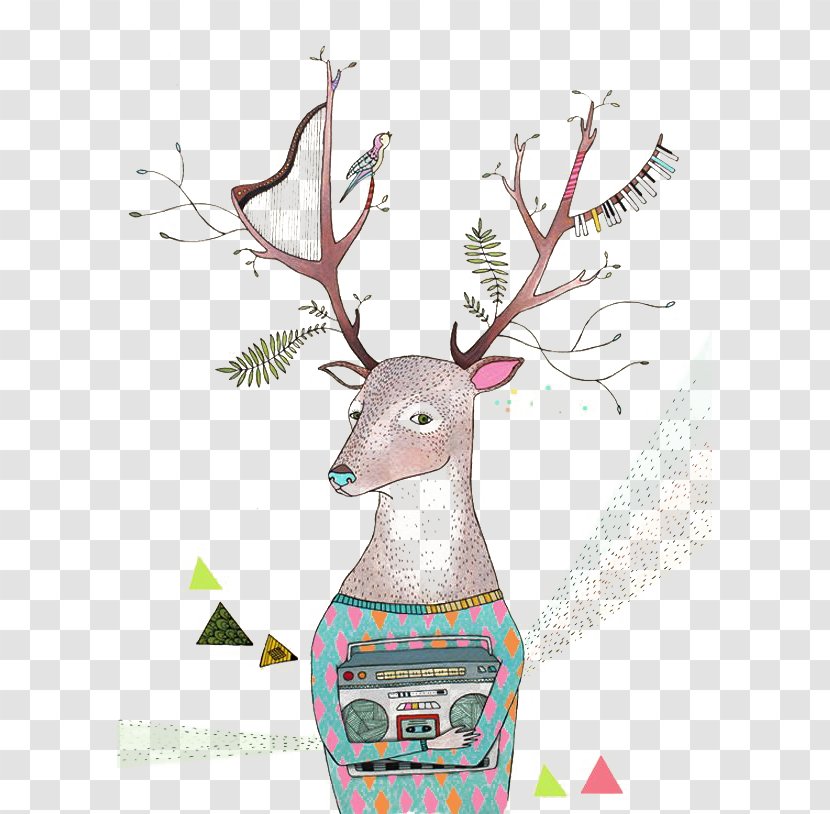 Drawing Art Painting Illustrator Illustration - Hand-painted Flowers And Birds Deer Grass Head Transparent PNG