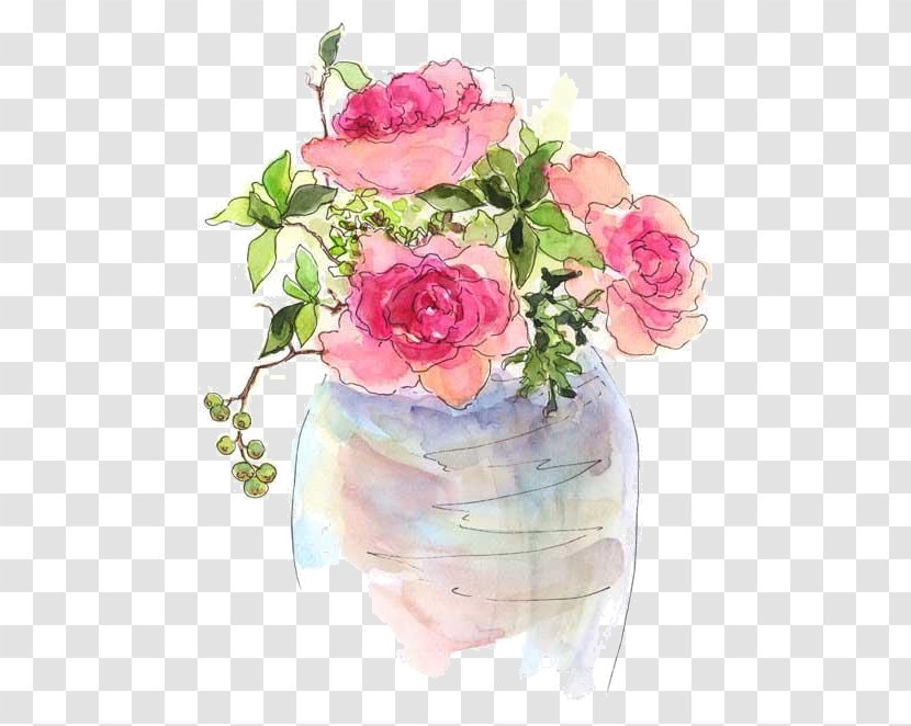 Watercolor: Flowers Artist Trading Cards Watercolor Painting - Tree - Cartoon Paint Pink Roses Vase Transparent PNG