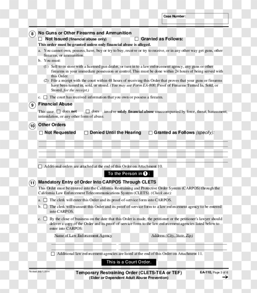 Restraining Order Document Court Information - Area - FOrm Transparent PNG