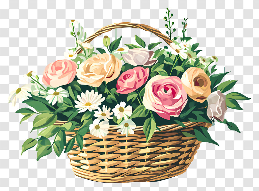 Valentine Flower Art - Decorative Basket Of Flowers With Roses And Daisies Transparent PNG