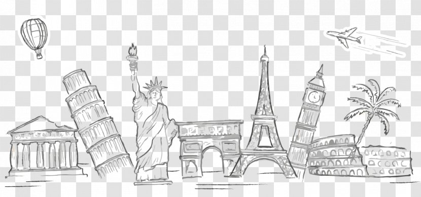 Statue Of Liberty Eiffel Tower Leaning Pisa - Structure - Hand Painted Global Travel Vector Decoration Transparent PNG